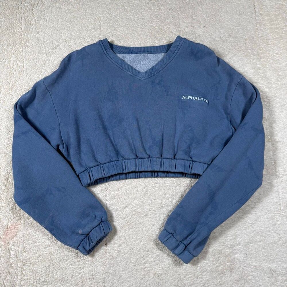 Alphalete Women’s Blue Washed Fleece Crop Sweater Athletic Sweatshirt
